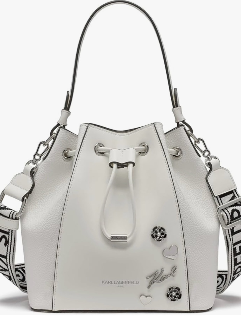 Karl Lagerfeld White Drawstring Bucket Shoulder Bag with Logo Strap AT9